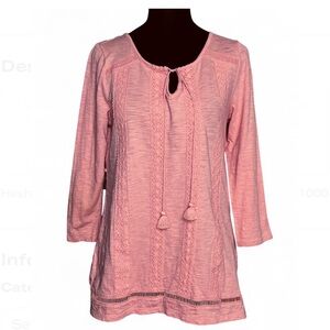 TALBOTS Coral-Pink Blouse XS, 3/4 Sleeves W/Tassel Detail & Front Details V Neck